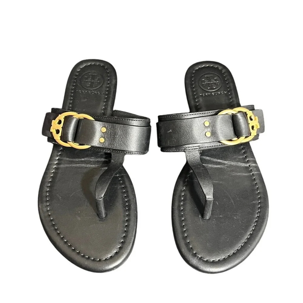 Tory Burch Thong Sandals Women Size 5 Black Leather Gold Buckle Logo Flat